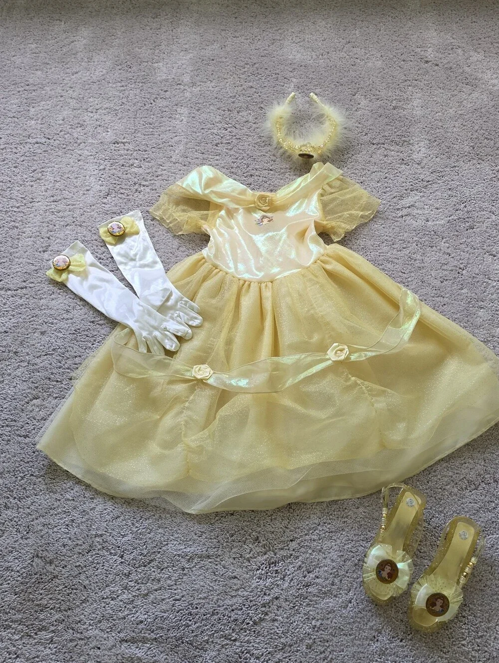 Vintage 2004 Disney Belle Princess Ball Costume Dress Shoes Tiara Gloves Sz. 4/5